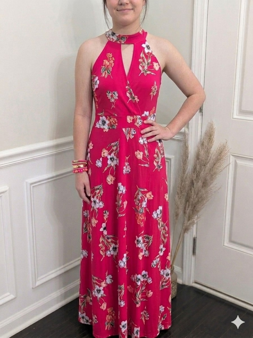 New York & Company Fuchsia Floral Halter Maxi Dress